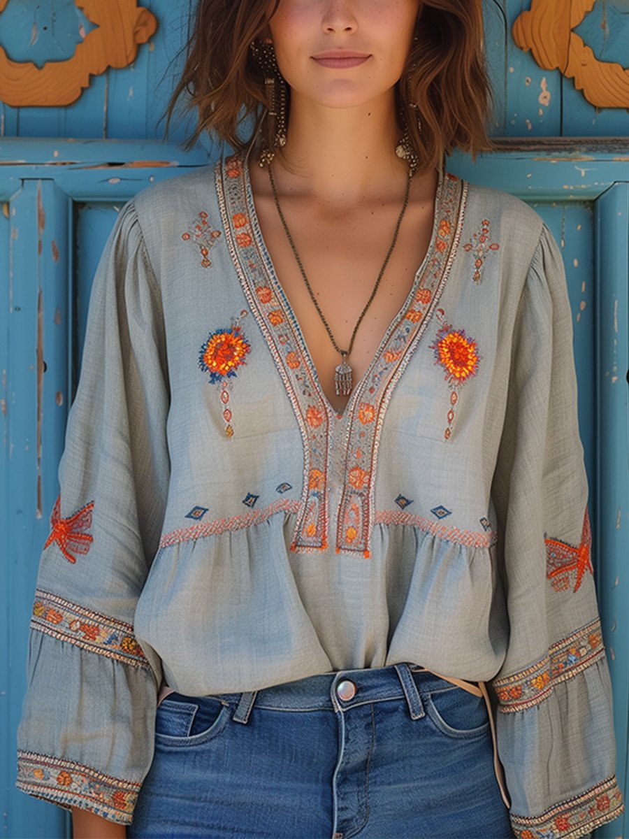 Yvonne | Women's V-Neck Relaxed Embroidered Summer Blouse