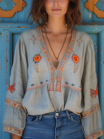 Yvonne | Women's V-Neck Relaxed Embroidered Summer Blouse