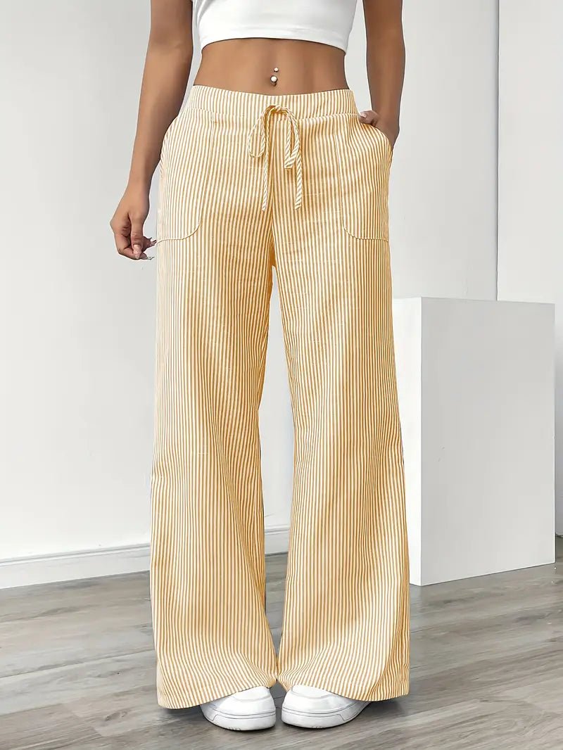 Olivia | Linen Wide Leg Striped Pants Drawstring Waist Pockets
