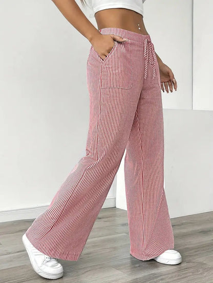 Olivia | Linen Wide Leg Striped Pants Drawstring Waist Pockets