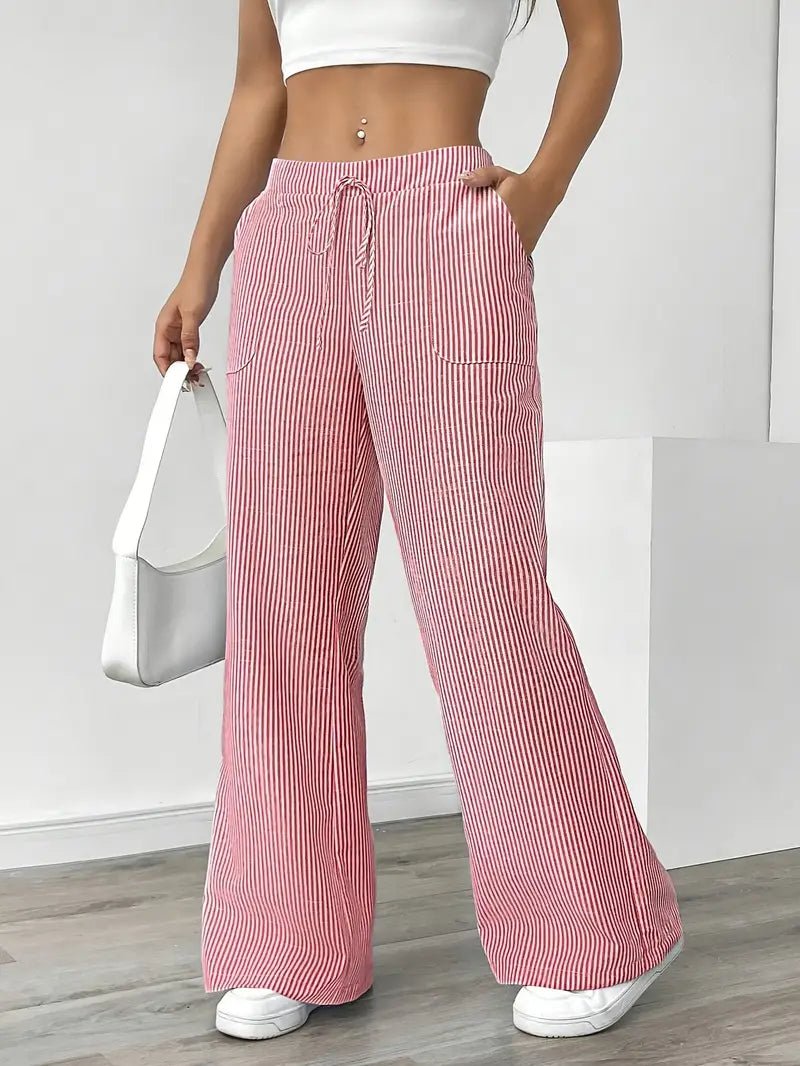 Olivia | Linen Wide Leg Striped Pants Drawstring Waist Pockets