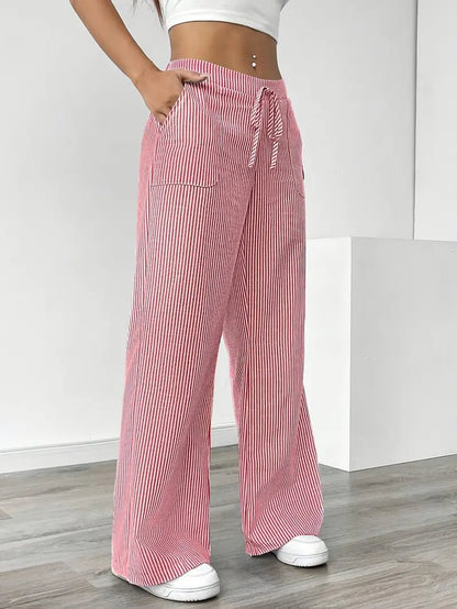 Olivia | Linen Wide Leg Striped Pants Drawstring Waist Pockets