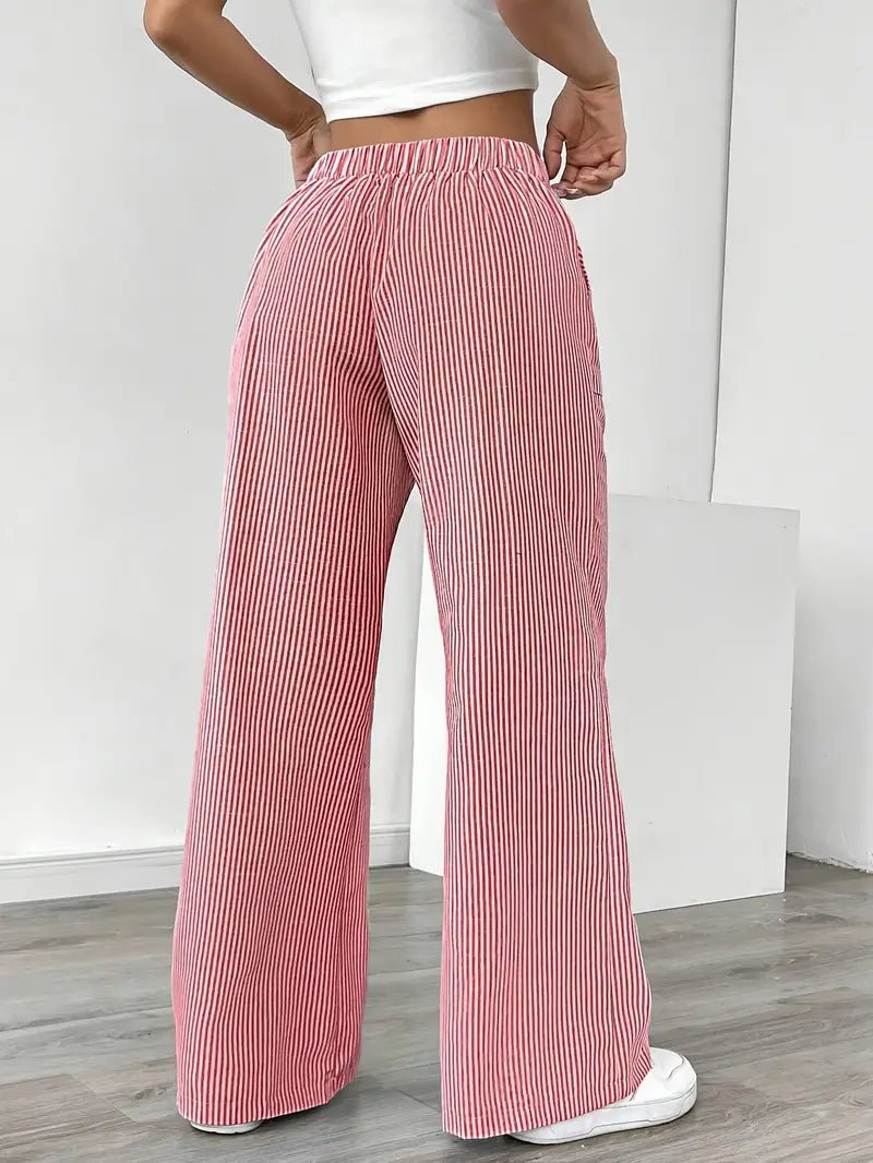 Olivia | Linen Wide Leg Striped Pants Drawstring Waist Pockets