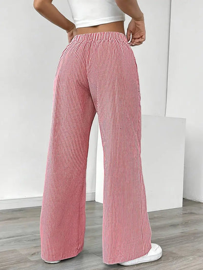 Olivia | Linen Wide Leg Striped Pants Drawstring Waist Pockets