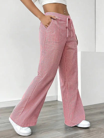 Olivia | Linen Wide Leg Striped Pants Drawstring Waist Pockets