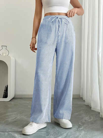 Olivia | Linen Wide Leg Striped Pants Drawstring Waist Pockets