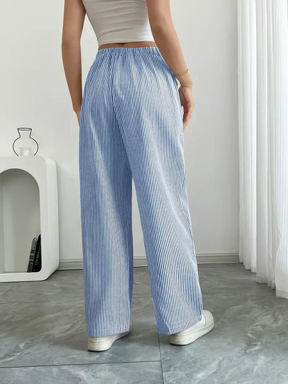 Olivia | Linen Wide Leg Striped Pants Drawstring Waist Pockets