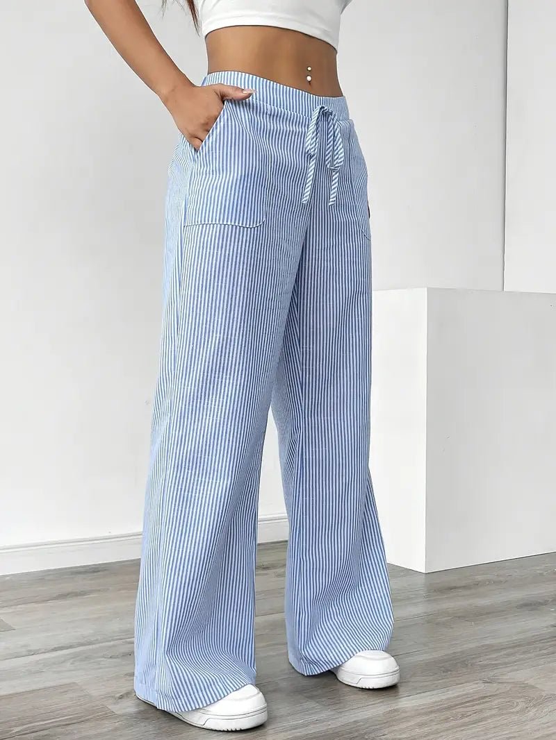 Olivia | Linen Wide Leg Striped Pants Drawstring Waist Pockets