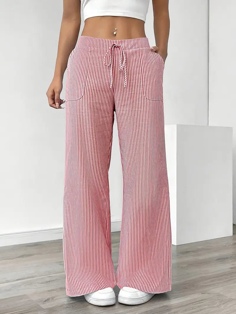 Olivia | Linen Wide Leg Striped Pants Drawstring Waist Pockets