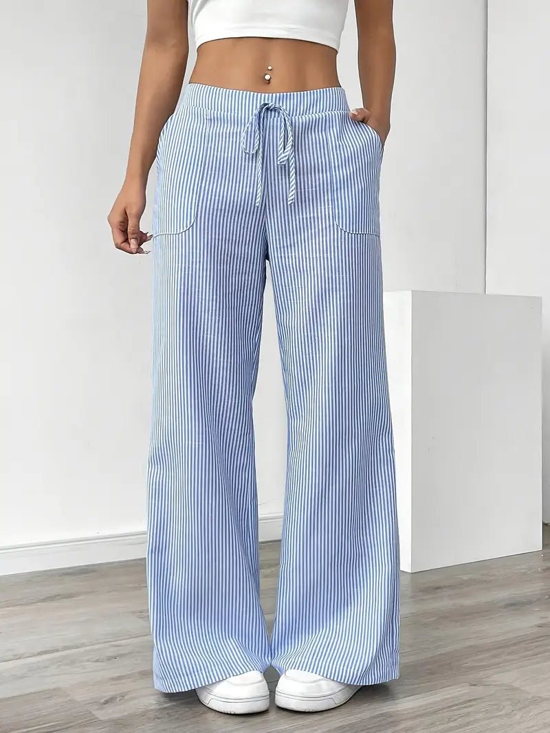 Olivia | Linen Wide Leg Striped Pants Drawstring Waist Pockets