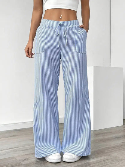 Olivia | Linen Wide Leg Striped Pants Drawstring Waist Pockets
