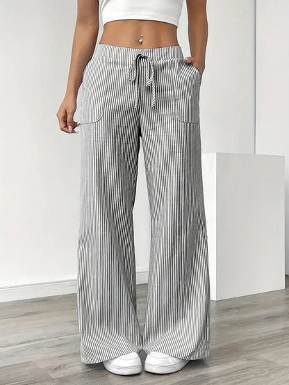 Olivia | Linen Wide Leg Striped Pants Drawstring Waist Pockets