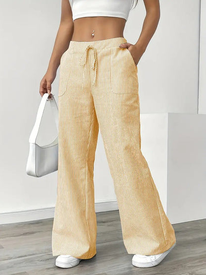 Olivia | Linen Wide Leg Striped Pants Drawstring Waist Pockets