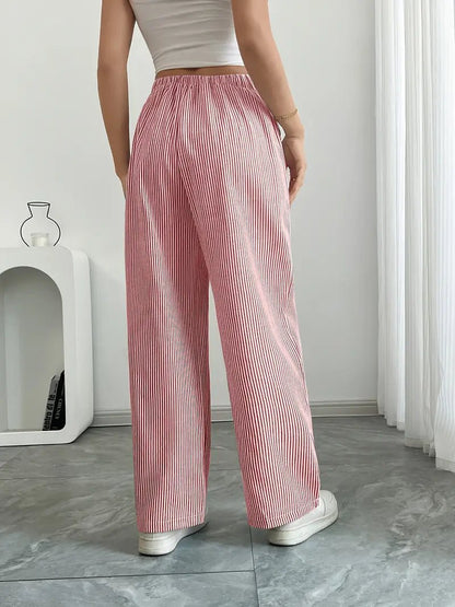 Olivia | Linen Wide Leg Striped Pants Drawstring Waist Pockets
