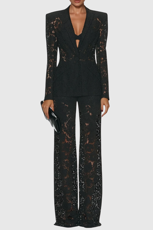Amelie | Long Sleeve Lace Blazer and Wide-Leg Pants Set