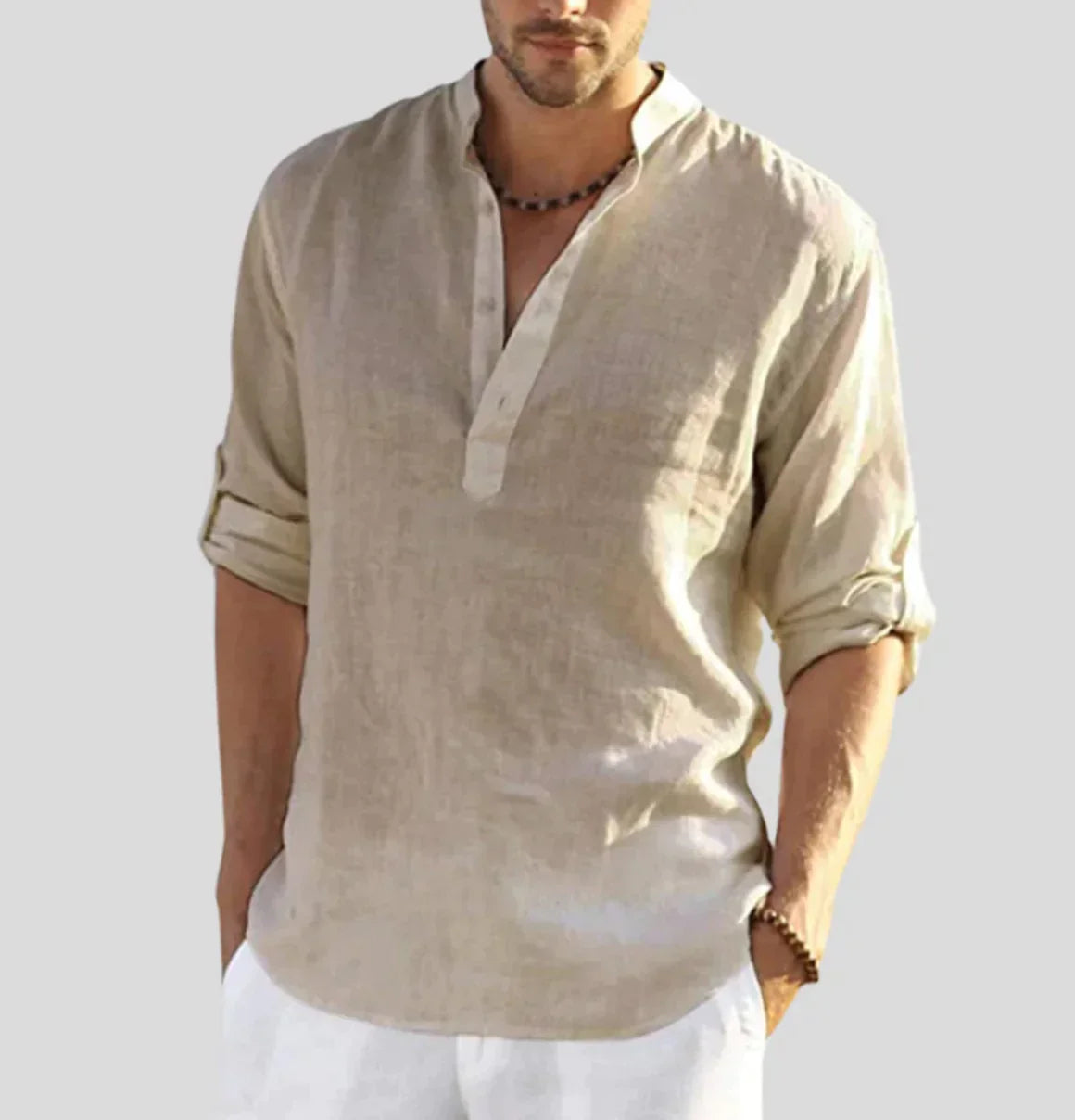 Enzo | Men’s Casual Shirt with Stand Collar and Half Button Placket