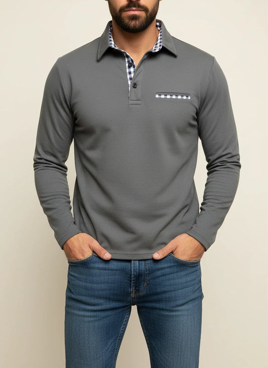 Marcello | Men’s Plaid Trim Pockets Long Sleeve Polo Shirt