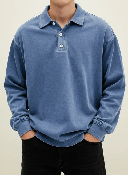Valerio | Men’s Relaxed Button Placket Long Sleeve Polo Shirt
