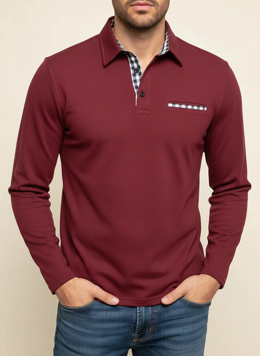 Marcello | Men’s Plaid Trim Pockets Long Sleeve Polo Shirt