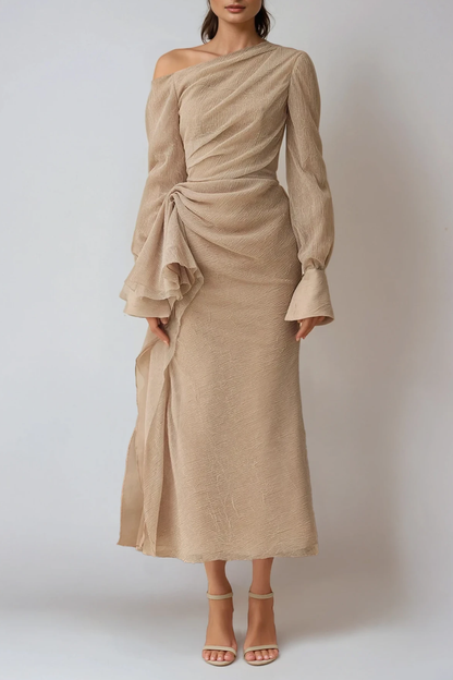 Nadine | One-Shoulder Draped Long Sleeve Formal Maxi Dress