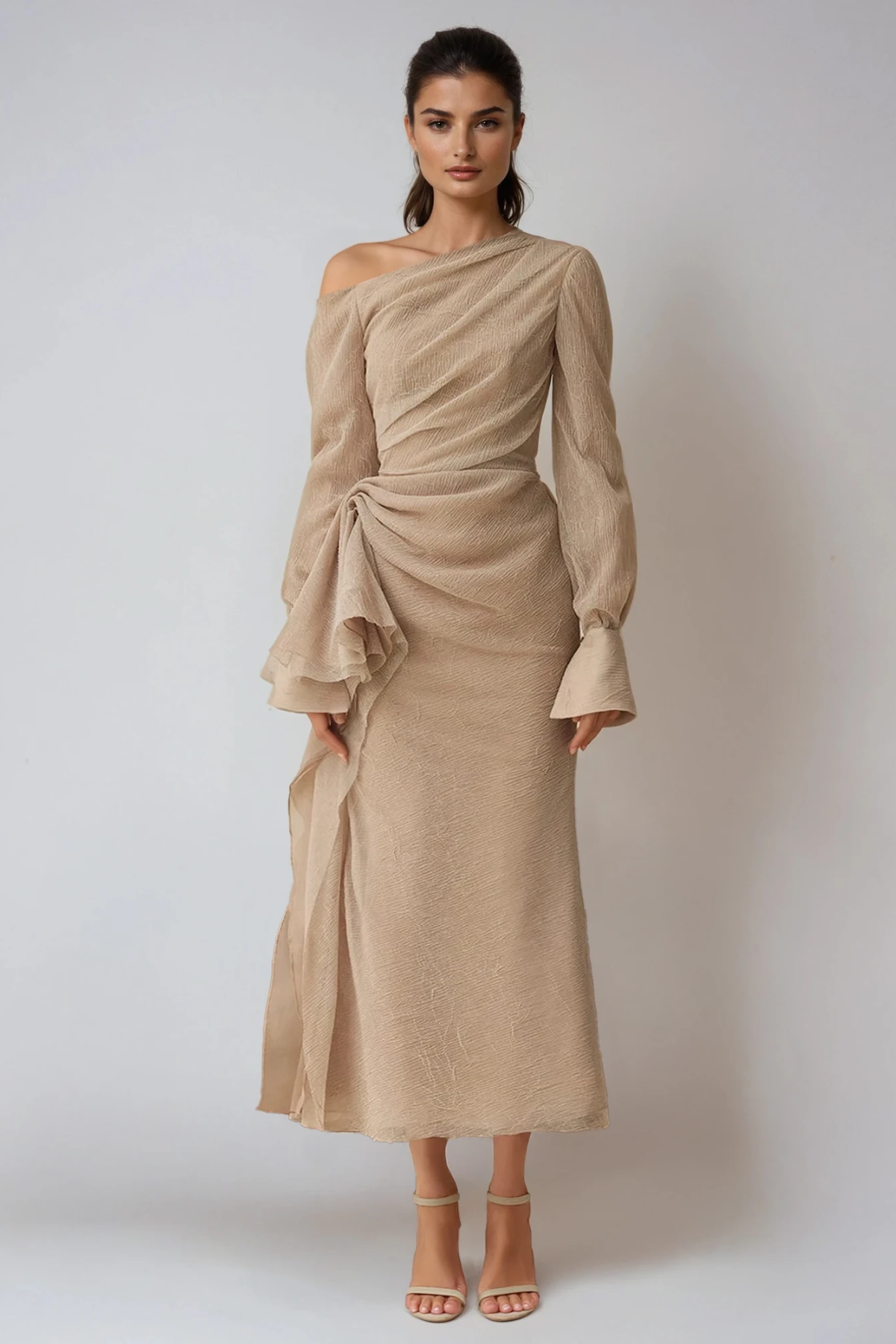Nadine | One-Shoulder Draped Long Sleeve Formal Maxi Dress
