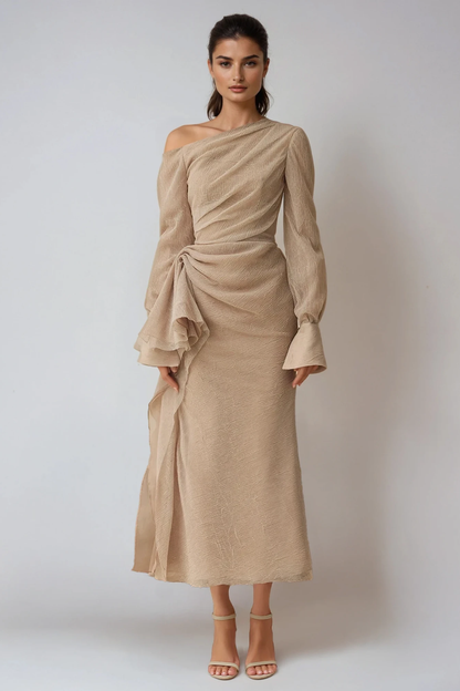 Nadine | One-Shoulder Draped Long Sleeve Formal Maxi Dress
