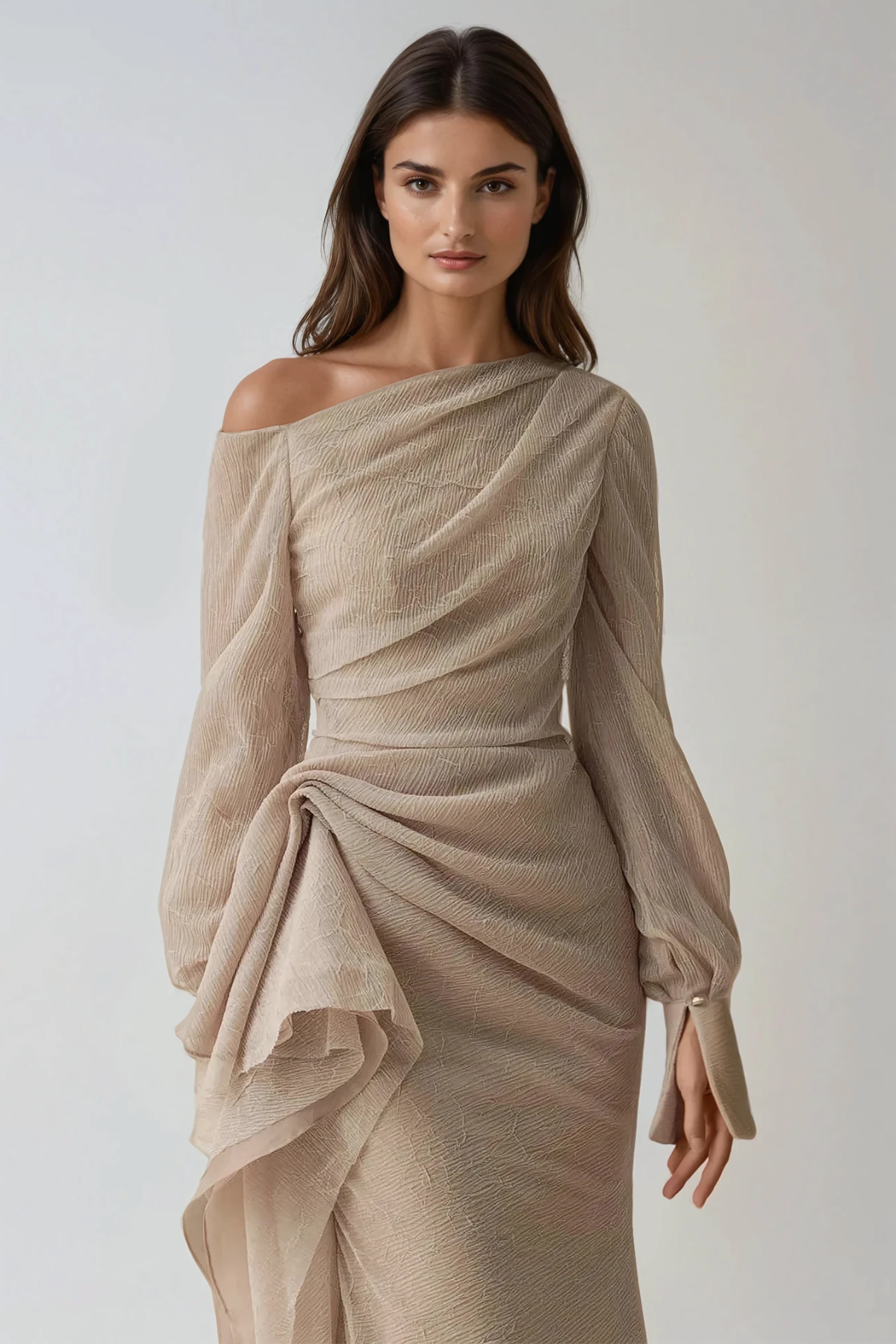 Nadine | One-Shoulder Draped Long Sleeve Formal Maxi Dress