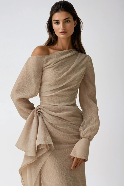 Nadine | One-Shoulder Draped Long Sleeve Formal Maxi Dress