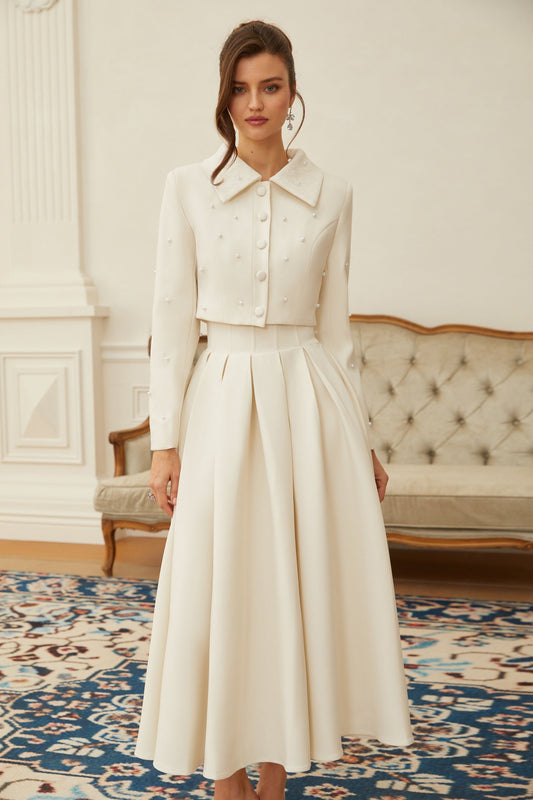 Tatiana | Pearl Embellished Cropped Jacket and Pleated Skirt Set