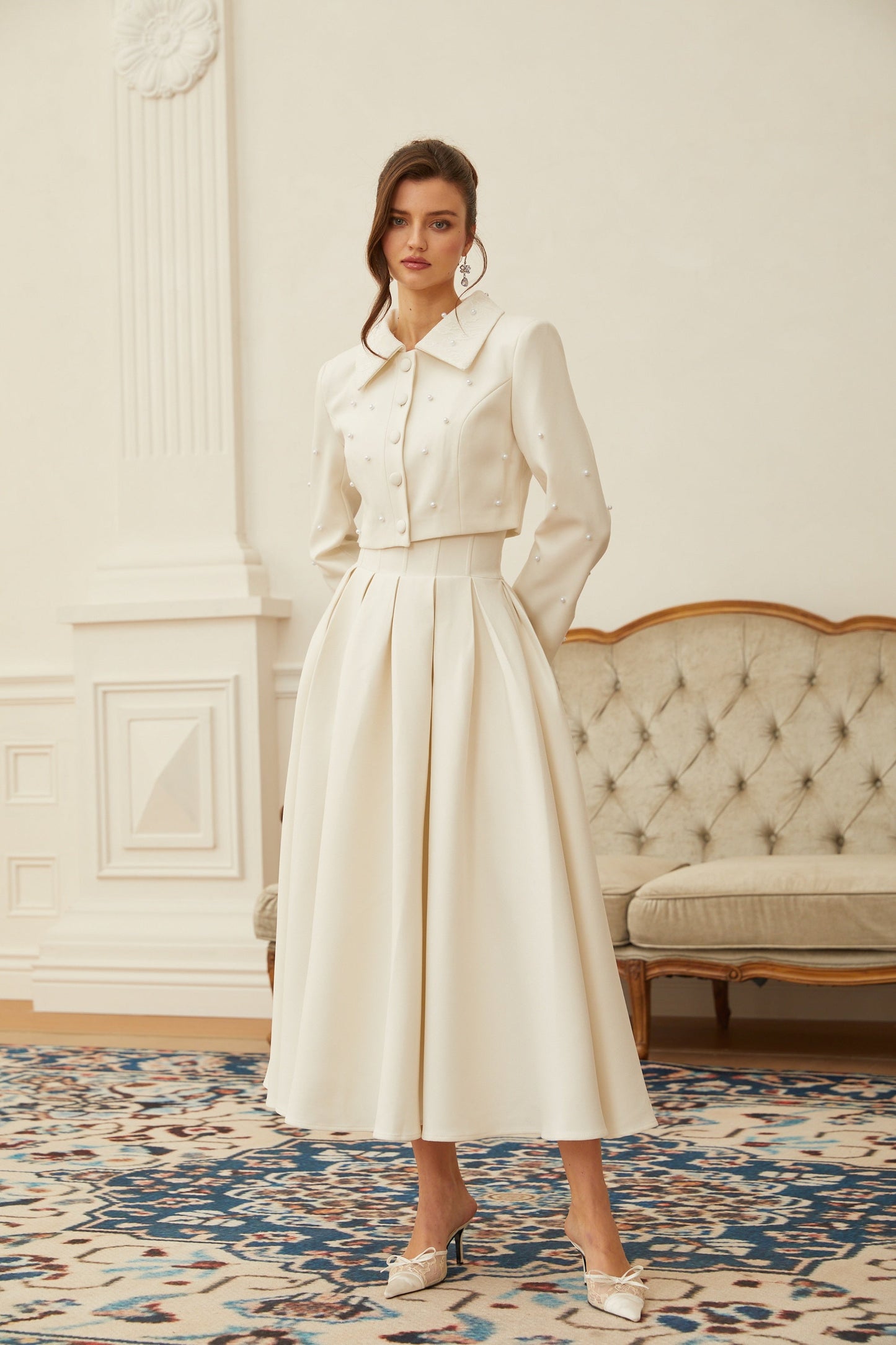 Tatiana | Pearl Embellished Cropped Jacket and Pleated Skirt Set