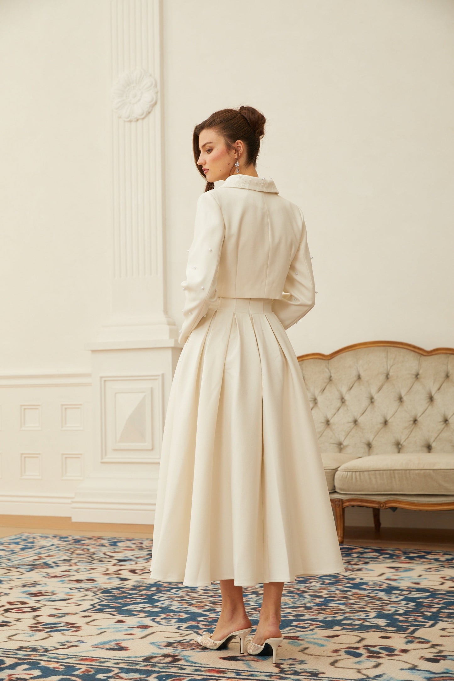 Tatiana | Pearl Embellished Cropped Jacket and Pleated Skirt Set