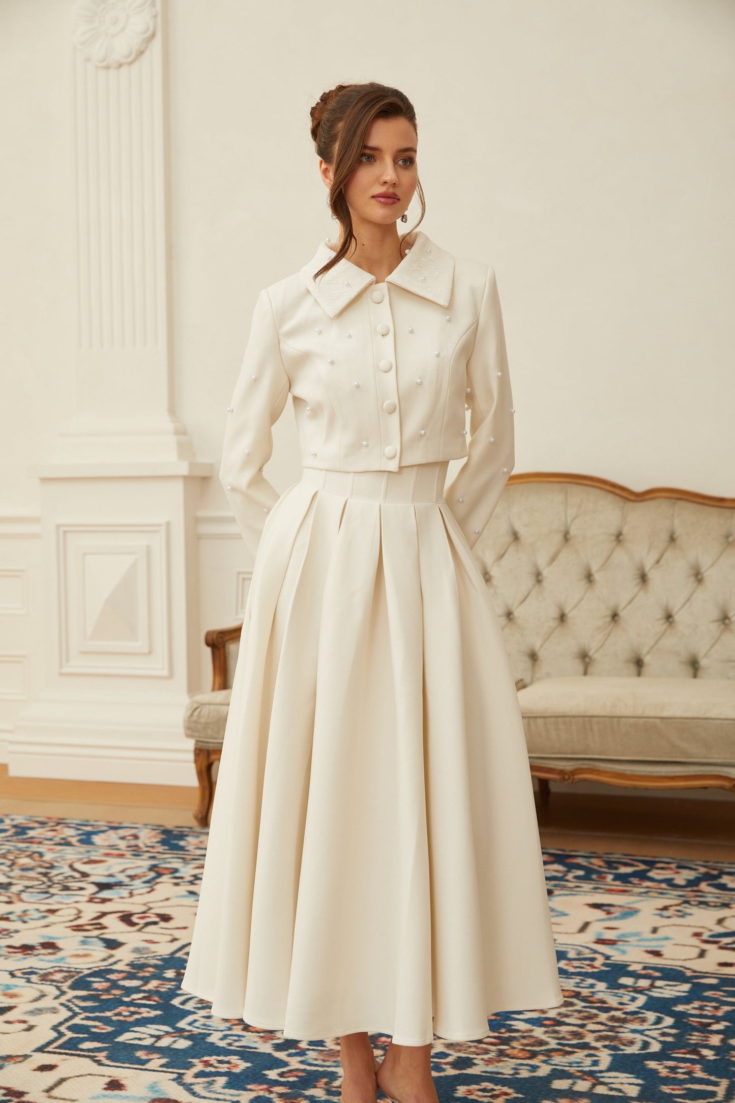 Tatiana | Pearl Embellished Cropped Jacket and Pleated Skirt Set