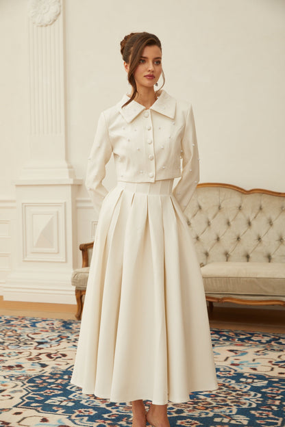 Tatiana | Pearl Embellished Cropped Jacket and Pleated Skirt Set