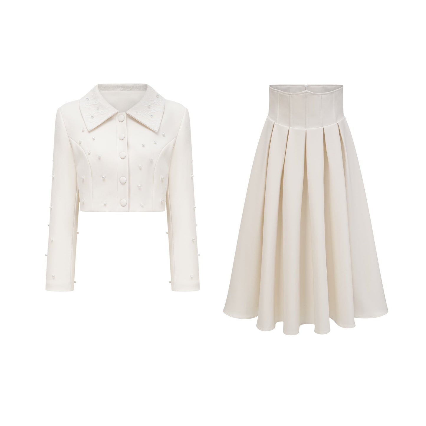 Tatiana | Pearl Embellished Cropped Jacket and Pleated Skirt Set