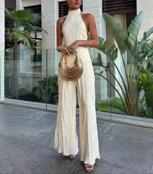 Elodie | Pleated Halter Top and Wide-Leg Pants Two-Piece Set