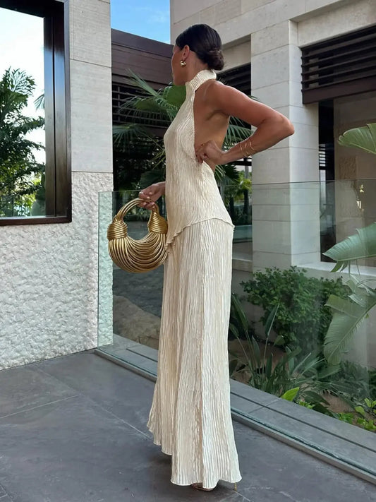 Elodie | Pleated Halter Top and Wide-Leg Pants Two-Piece Set