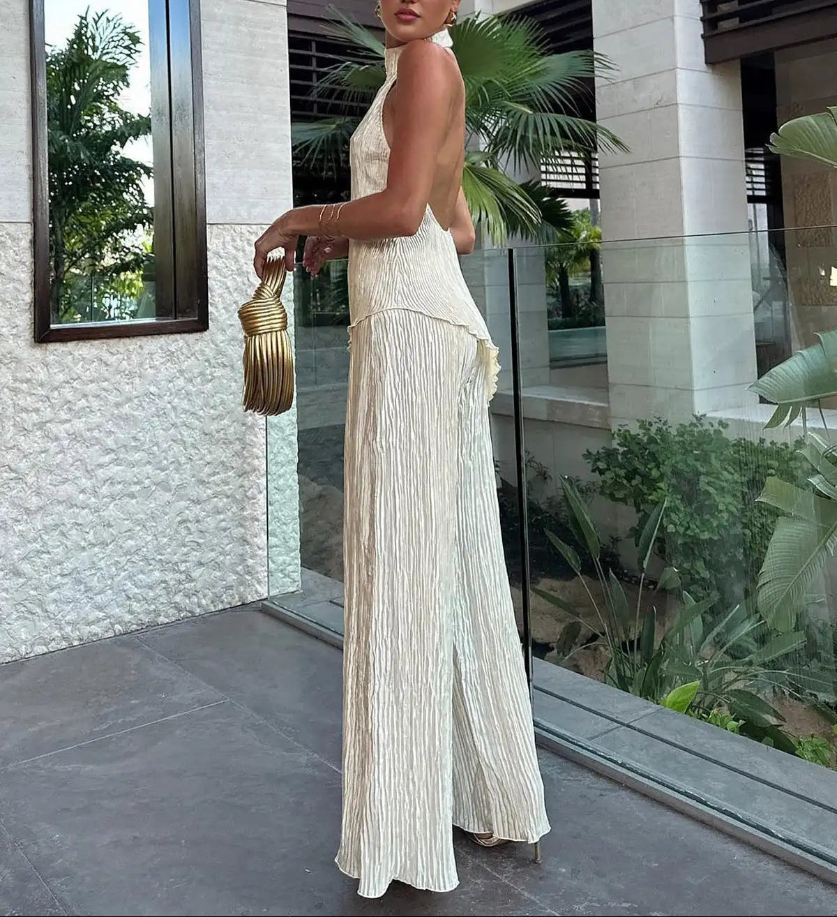 Elodie | Pleated Halter Top and Wide-Leg Pants Two-Piece Set