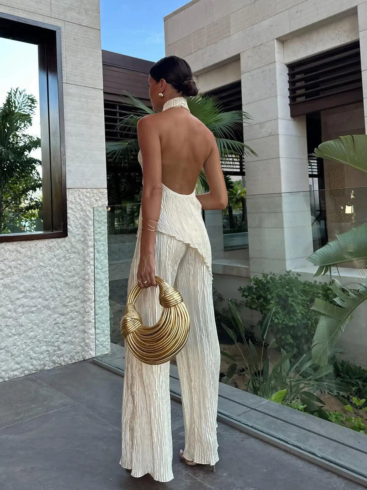 Elodie | Pleated Halter Top and Wide-Leg Pants Two-Piece Set