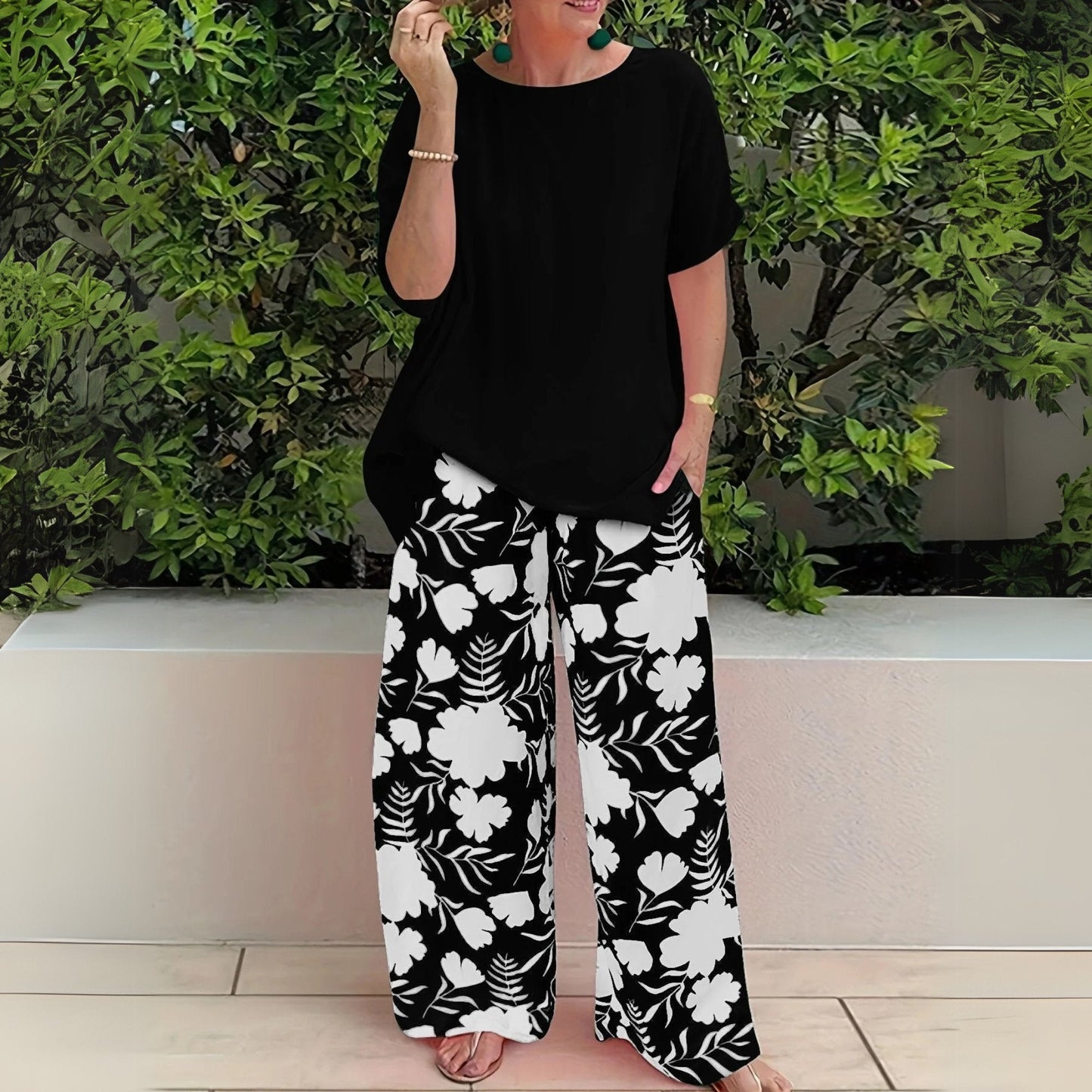 Madison | Plus Size Two-Piece Set Floral Wide-Leg Pants Relaxed Top