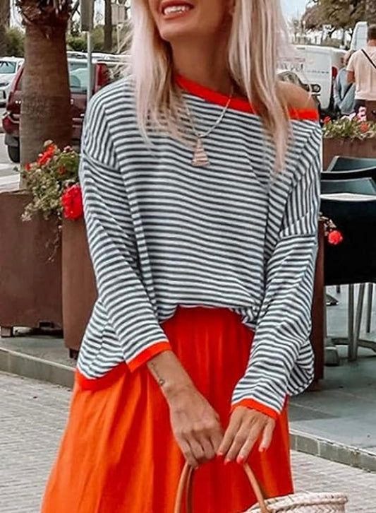 Riley | Grey-And-White Striped Top