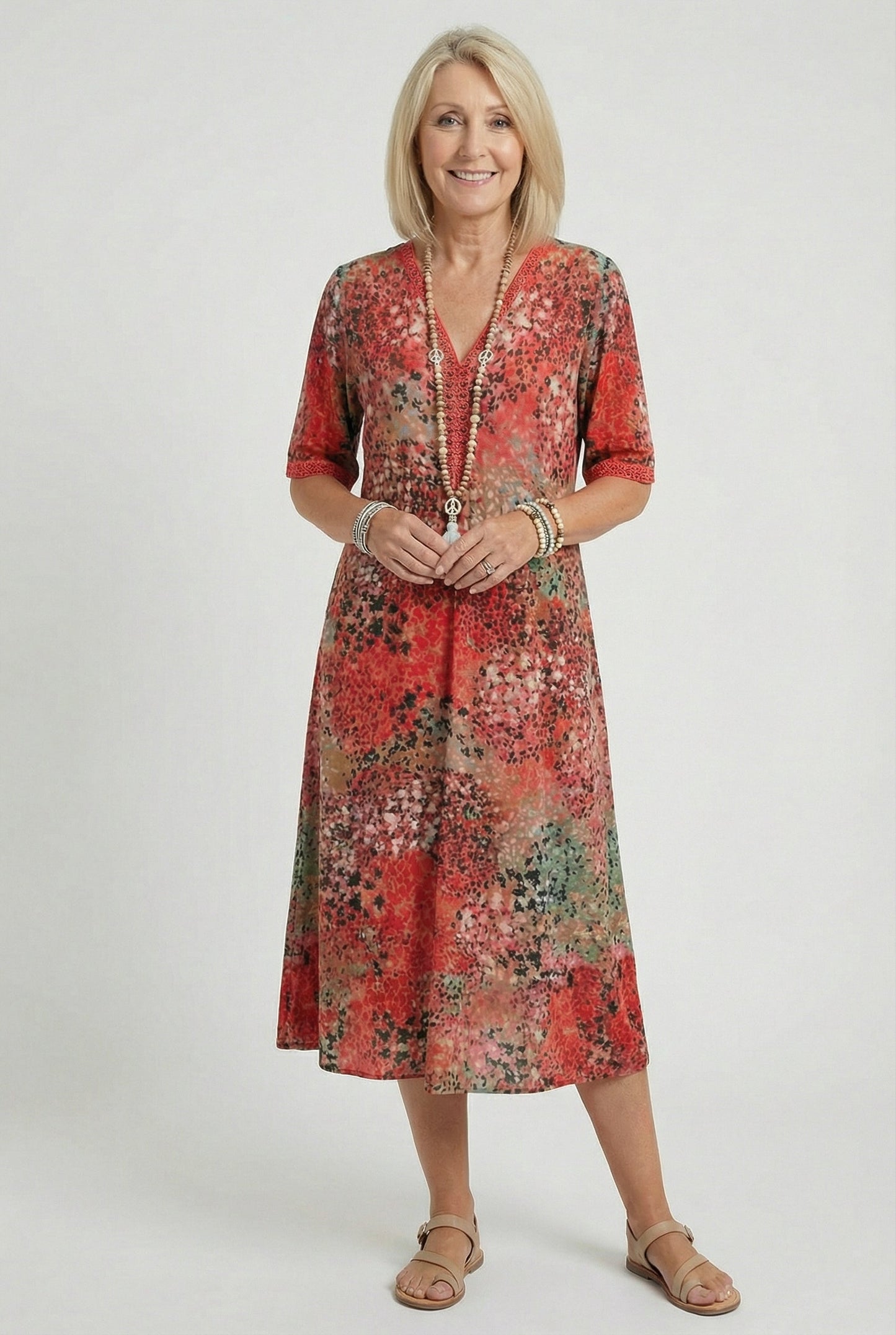 Xenia | Short Sleeve Floral Print Relaxed Midi Dress with Pockets