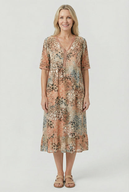 Xenia | Short Sleeve Floral Print Relaxed Midi Dress with Pockets