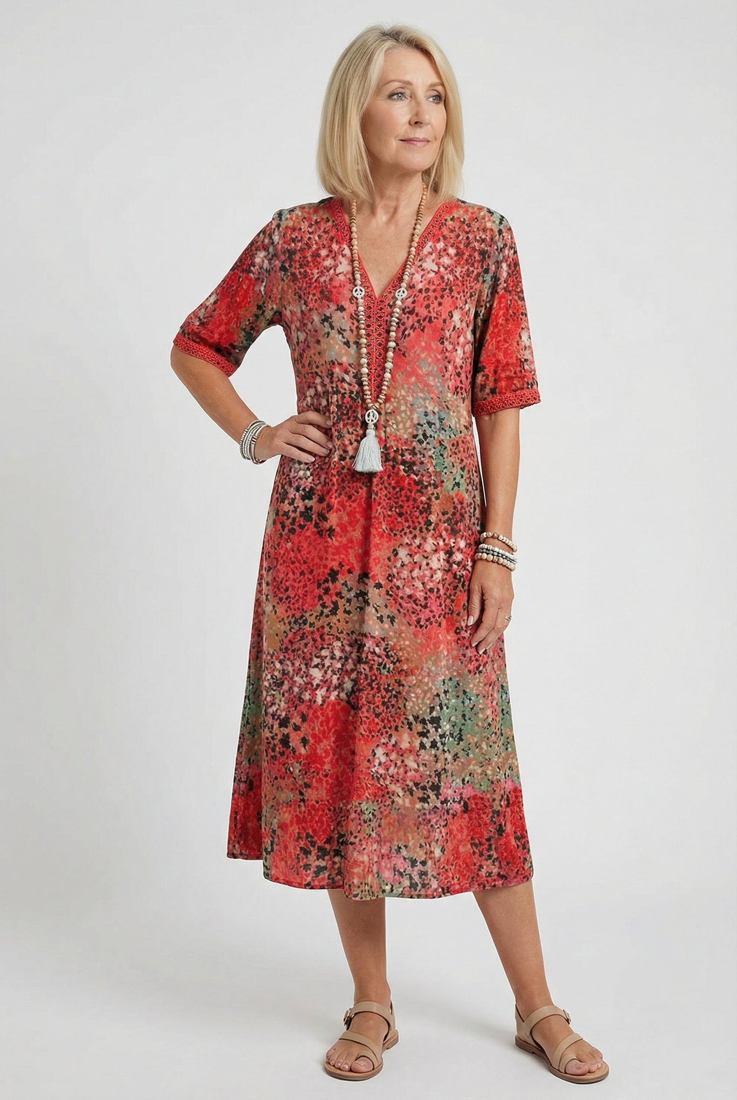 Xenia | Short Sleeve Floral Print Relaxed Midi Dress with Pockets