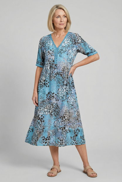 Xenia | Short Sleeve Floral Print Relaxed Midi Dress with Pockets