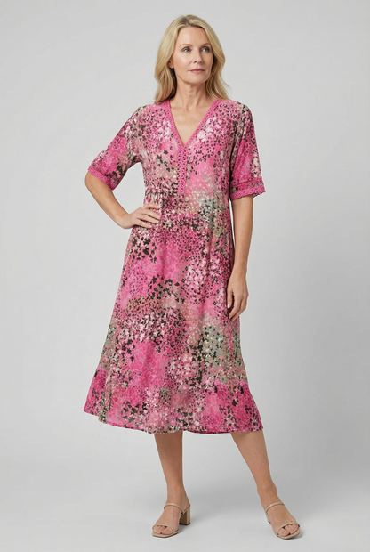 Xenia | Short Sleeve Floral Print Relaxed Midi Dress with Pockets