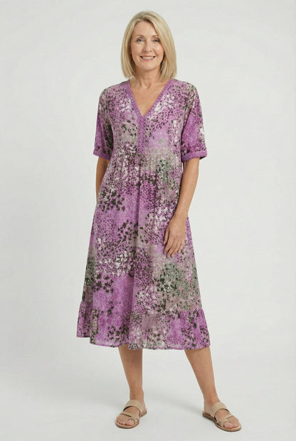 Xenia | Short Sleeve Floral Print Relaxed Midi Dress with Pockets