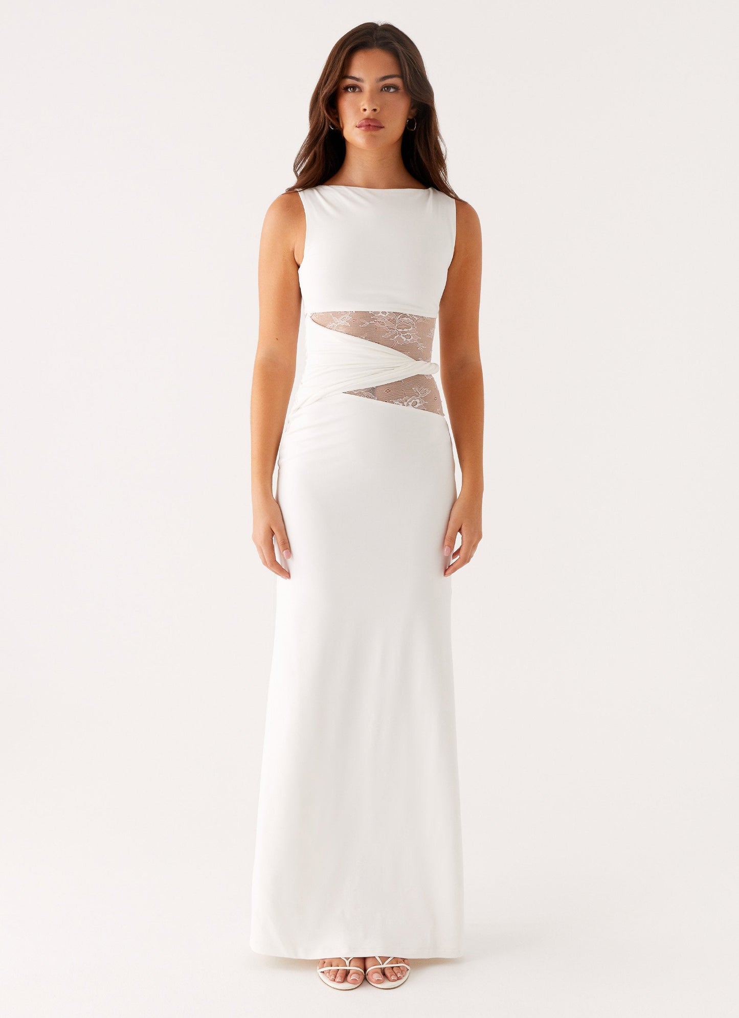 Ilaria | Sleeveless Boat Neck Lace Cut-Out Elegant Maxi Dress