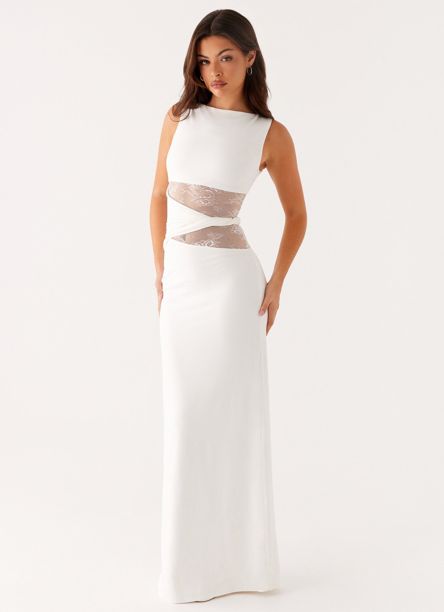 Ilaria | Sleeveless Boat Neck Lace Cut-Out Elegant Maxi Dress