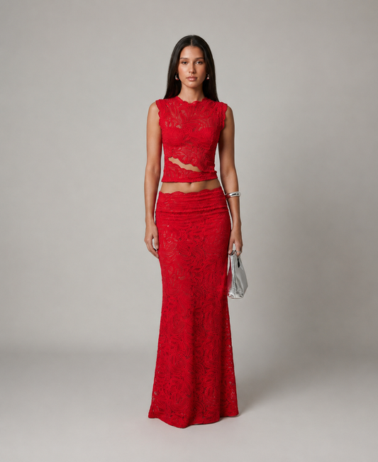 Kalani | Sleeveless Floral Lace Crop Top and Maxi Skirt Set