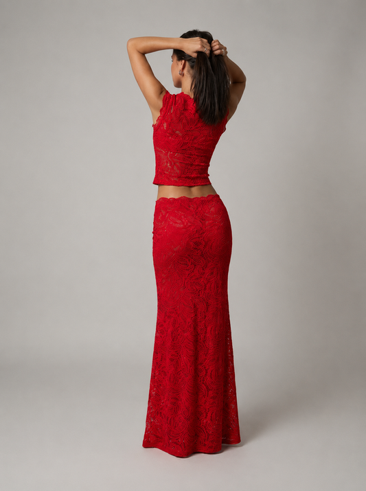 Kalani | Sleeveless Floral Lace Crop Top and Maxi Skirt Set